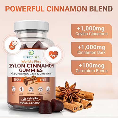 Sugar-Free Ceylon Cinnamon Gummies (2,000Mg/Serving) Joint Pain Support Supplement & Brain Health, Vegan Gluten-Free, Replace Ceylon Cinnamon Capsules, Pill, Powder Extract 60 Chews - Vegan, No Sugar #TOP5