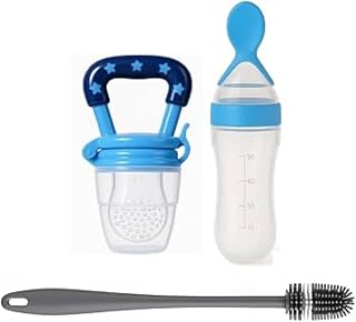 Baby Food Dispensing Spoon Feeder Bottle 90ml and Fruit Feeder/Nibbler/Pacifier with Cleaning Brush Pack of 3 (Blue)