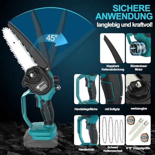 Realtopdo Mini Kettensäge 15 cm und 20 cm Astsäge kompatibel mit Makita 18V Akku, Bürstenlose Akku-Kettensäge mit Automatischer Öler, Werkzeuglose Kettenspannung für Gartenscheren (ohne Akku)