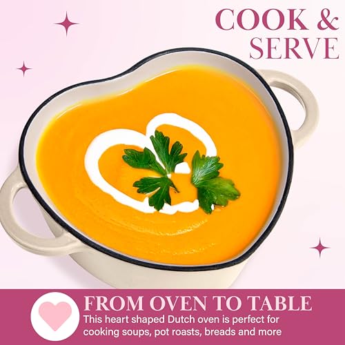 Image of Paris Hilton Enameled Cast Iron Dutch Oven Pot with Lid, Heart-Shaped Dutch Oven, Durable Cast Iron Pot with Dual Handles, Oven Safe to 500F, Works on All Stovetops, 2-Quart, Cream