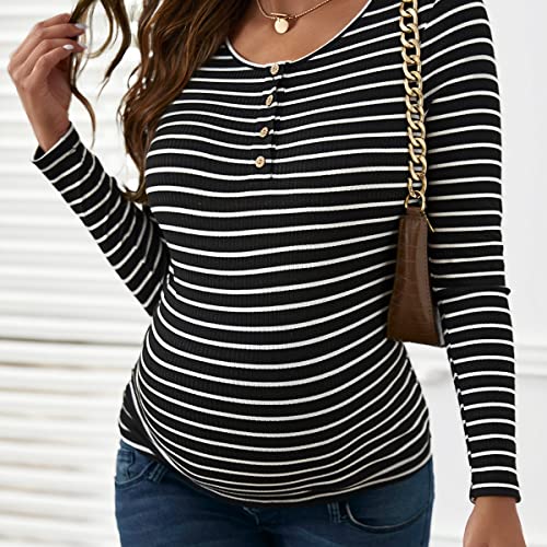 Oyoangle Women's Maternity Top Striped Print V Neck Button Front Long Sleeve Round Neck Blouse Shirt Pregnancy Clothes Black L #TOP5