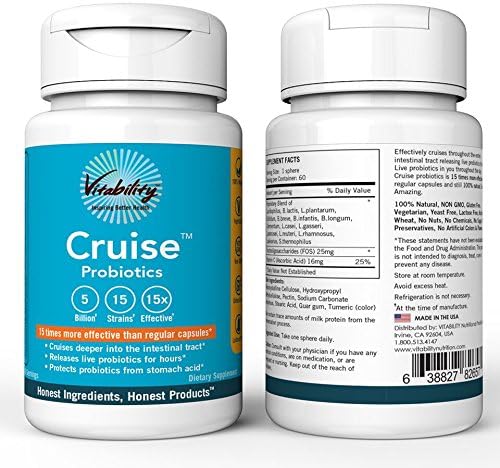 Vitability Cruise Probiotic supplement: 60 Servings Dietary Supplement; Releases Live Probiotics For Hours And Protects Probiotics From Stomach Acid! - 15 Times More Effective!