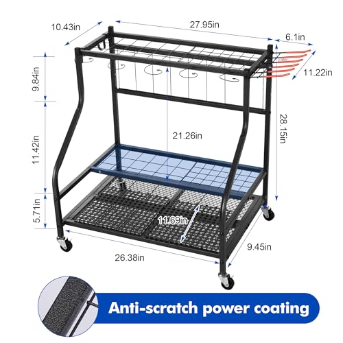 Sinoer Gartengaragenwerkzeug-Organizer, Gartenwerkzeug-Aufbewahrung, Gartenwerkzeug-Aufbewahrungsregal mit Haken und Rad, 3-stöckiges Metall-Utility-Regal, Rasen, Garage, Hof & Garten