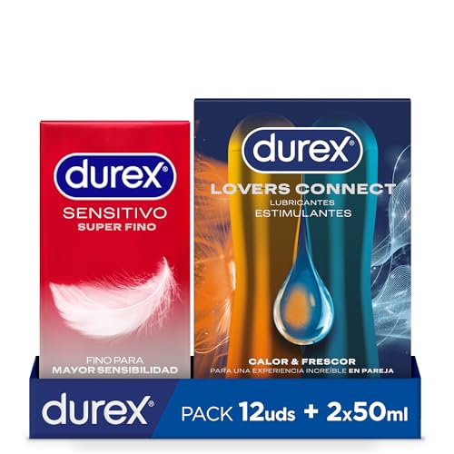 Durex Preservativos Super Finos Contacto Total para Mayor Sensibilidad - 12 condones + Durex Lovers Connect Calor y Frescor - Lubricante para Ella y para Él 2 x 50 ml