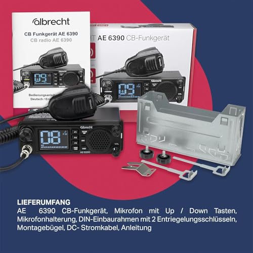 Albrecht AE 6390 CB-Funkgerät – 2,4\ Display, VOX Freisprechfunktion, DIN-Einbau, 40 AM/FM Kanäle, 2W Frontlautsprecher, Kanalsuchlauf, RF Gain, inkl. Mikrofon & Zubehör, schwarz, 12639