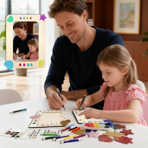 Euablfo 10 Stück Bilderrahmen Holz Set,DIY Kinder Holzbilderrahmen Set,Bastelset mit 3 Sorten Glitzersteinen Sternstickern 12 Aquarellpinsel,für Holzfarbe Geschenke Kinder bilderrahmen zum Bemalen