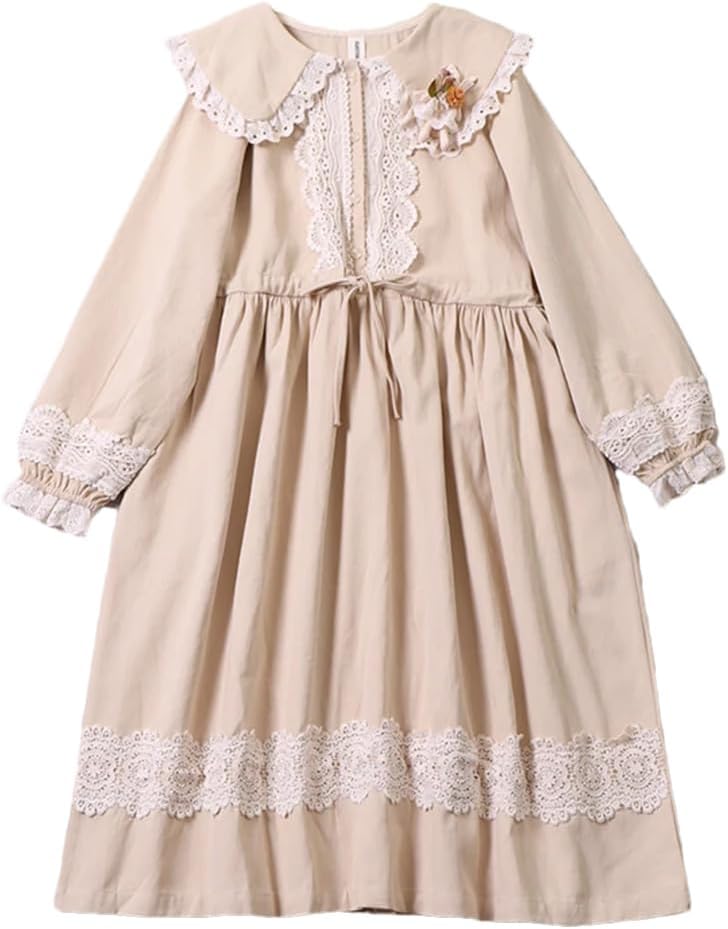 春の女性のレーススプライシング長袖ミディドレス