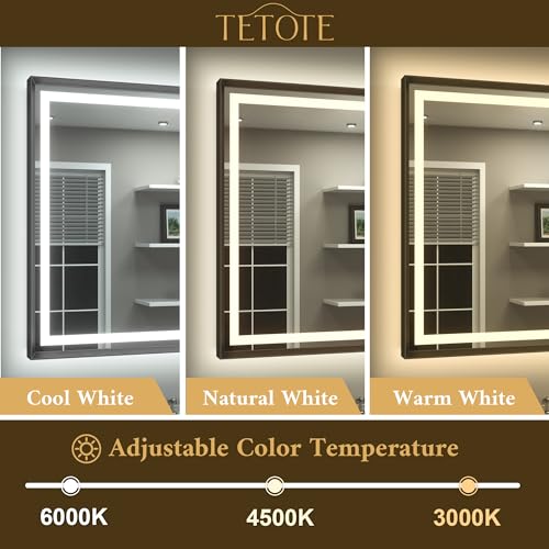 TETOTE 48 x 30 Large Bathroom Mirror Brushed Black Metal Frame Frontlit & Backlit Vanity Mirror 3 Colors White/Warm/Natural Stepless Dimmable Anti-Fog Bathroom Mirrors for Vanity Wall-Mounted