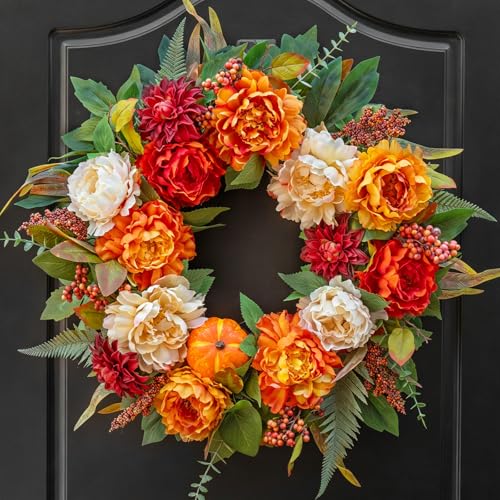24" Fall Wreath for Front Door, Large Autumn Peony Wreath with Pumpkins, Dahlias, Fall Door Decoration for Home Porch Farmhouse Decor, Thanksgiving Halloween Decoration