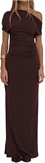 Women's Asymmetrical Neck Ruched Bodycon Maxi Dress One Shoulder Short S...
