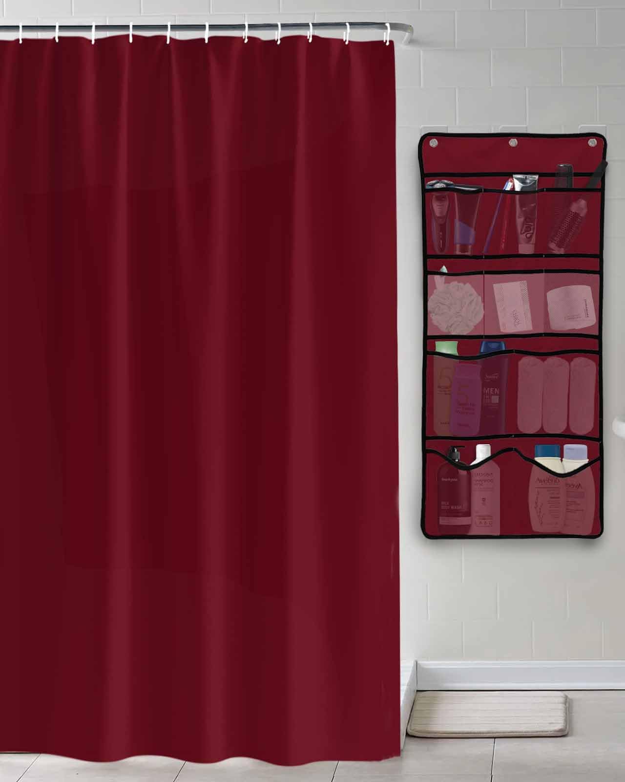 Shower Curtain Mesh Shower Organizer Hanging Set Solid Color Wine Red Waterproof Shower Curtains with 10 Pockets Quick
