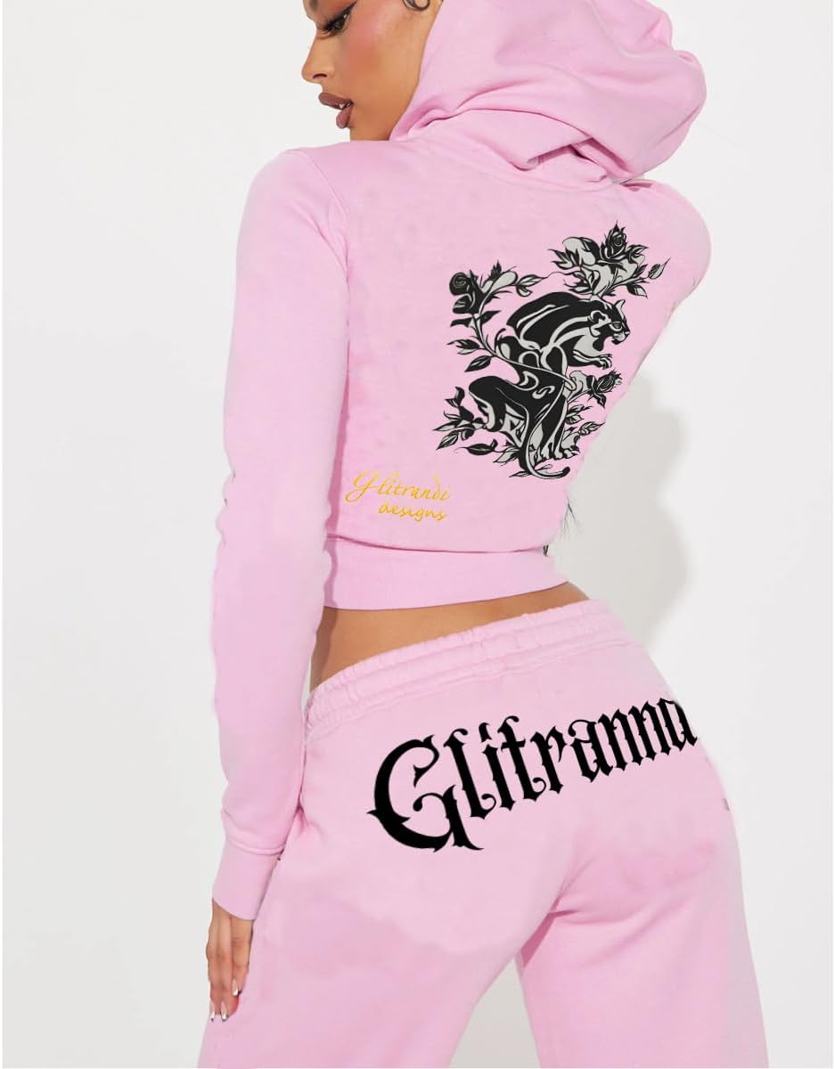 Glitrandi Womens 2 Piece Outfits Fashion Print Cropped Hoodies Jacket Sweatpants With Pockets Tracksuit For Women - Image 3