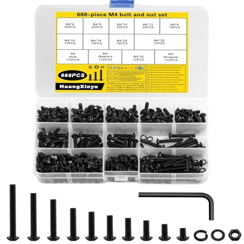 688 Stück M4 Schrauben Set, Linsenkopfschrauben mit Innensechskant Schrauben Muttern Sets, Zylinderschrauben mit Muttern Sets, Schwarz Rundkopf Sechskantschrauben Set und Unterlegscheiben Sortiment
