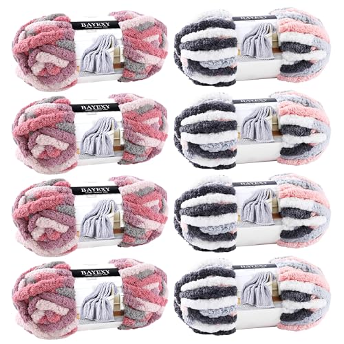 Image of Chunky Chenille Yarn for Hand Knitting 8 Jumbo Pack Jumbo Chunky Yarn for Hand Soft Blanket Knitting, Bulky Thick Fluffy Yarn for Crocheting (Cherry Blossom+Kitten Color)