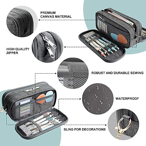 Large Pencil Case Big Capacity Pencil Bag Large Storage Pouch 3 Compartments Desk Organizer Marker Pen Case Simple Stationery Bag Pencil Holder (Gray)