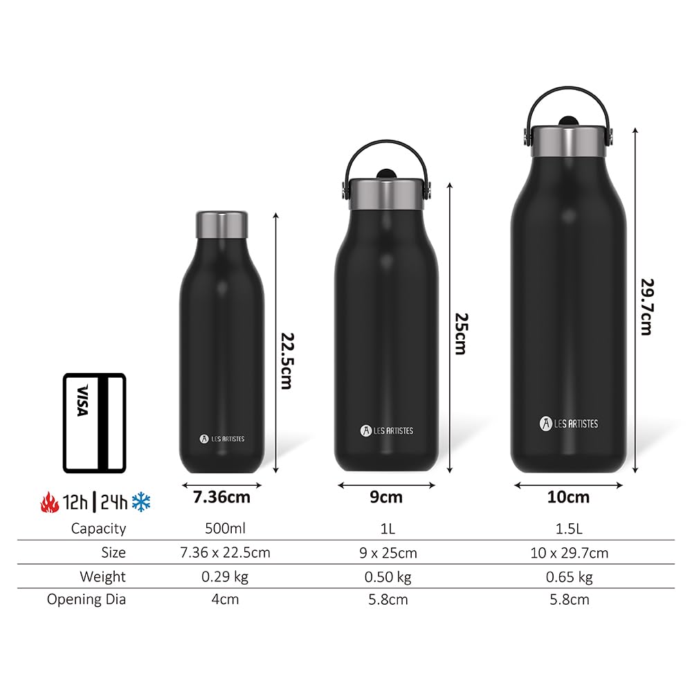 LES ARTISTES Paris A-2398 Bottle'Up 2.0, Thermos 1,5 litri, borraccia termica senza BPA, riutilizzabile, mantiene al caldo 12 ore e al freddo 24 ore, manico in acciaio inox, design grigio