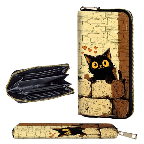 Wallet,Leather Long Wallet Suitable For Ladies And Teenagers - Detachable Wristband + RFID Travel Wallet With Card Slot - Cute Black Cat with Hearts
