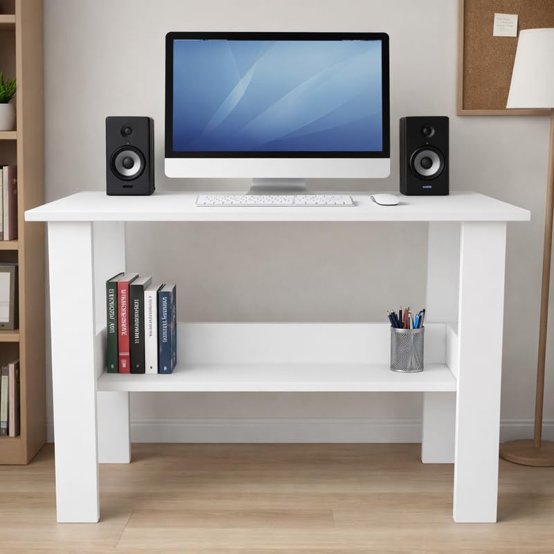 modern computer desk with storage shelf, wooden study table for home & office, multipurpose workstation table for laptop, writing & study, color: white