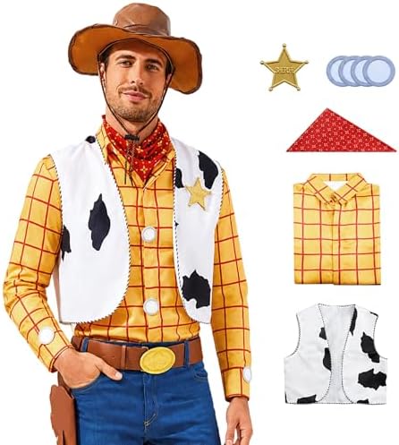 Cowboy Sheriff Costume Men's Plaid Button Down Shirt with Vest Ba...