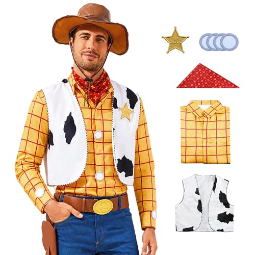 Cowboy Sheriff Costume Mens Plaid Button Down Shirt with Vest Bandana Star Badge Halloween Sheriff Cosplay Outfits L
