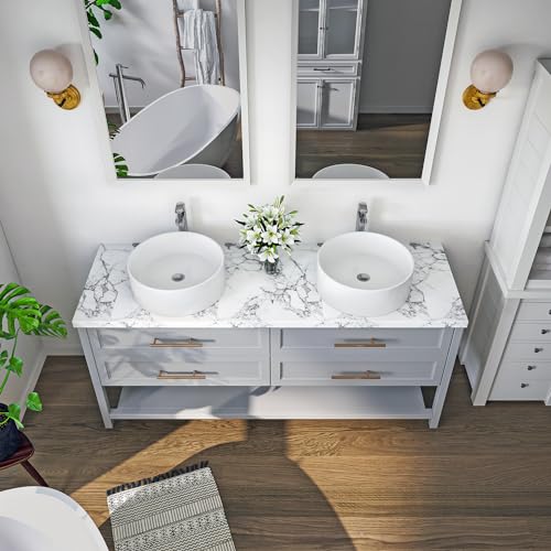 Sinber BVS1818A-OLA 18\" x 18\" x 6.3\" White Round Ceramic Countertop Bathroom Vanity Vessel Sink