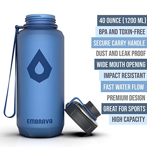 Image of Embrava Sports Water Bottle (40oz, Blue) Carry Ring - Fast Flow Wide Mouth