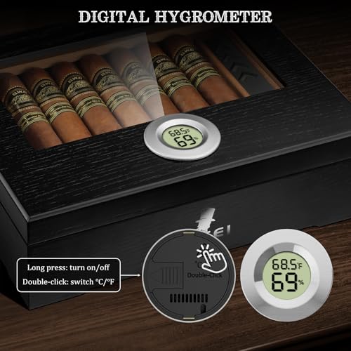 XIFEI Cigar Humidor, Glass Top Desktop Humidor Box with Digital Hygrometer & Humidifier, Spanish Cedar Wood Lining, Storage Case for 20-35 Cigars, Elegant Cigar Box Gift for Men