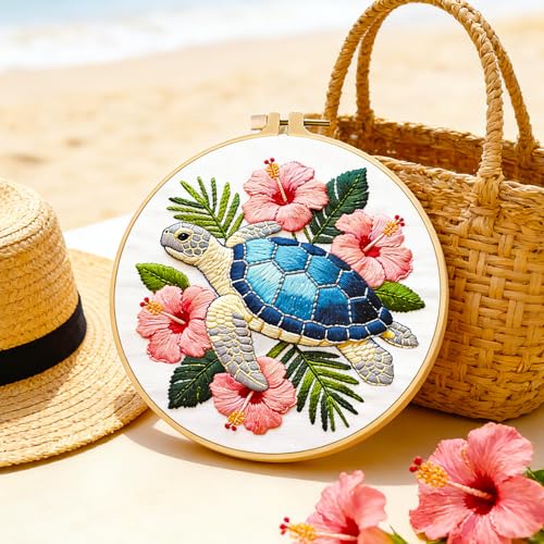 Image of BEUNITONE 4 Pack Beginner Embroidery Kit for Adults, Marine Animals Flowers Pre-Stamped Pattern Needlepoint Kits with Hoops & Instruction, Handmade Embroidery Kits for Fabric and Home Decor 7.9x7.9
