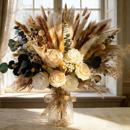 JARELING 101pcs Artificial Flowers in Vase Natural Dried Pampas Grass