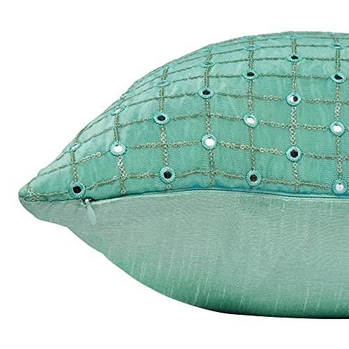 Image of Sea Green Cushion Covers 12x18 Set of 2, Rectangular Fancy Cushion Covers for Sofa, Embroidered Cushion Covers with Mirror Work