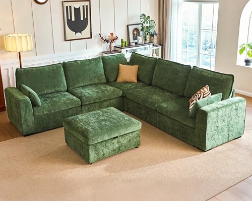 Image of 120.1'' Oversized Modular Sectional Sofa Plush Cloud Couch with Storage, Convertible Deep L-Shaped Sofa Set for Living Room, 6-Seater with Corner and Ottoman, Chenille, Green