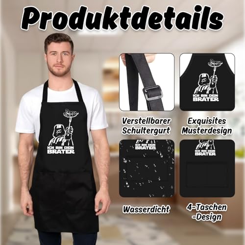 Komergave Grillschürze für Männer, Kochschürze Lustig mit 4 Taschen, Kochschürze Herren für Küche, BBQ, Schürze Personalisiert Geschenk, ICH BIN DEIN BRATER