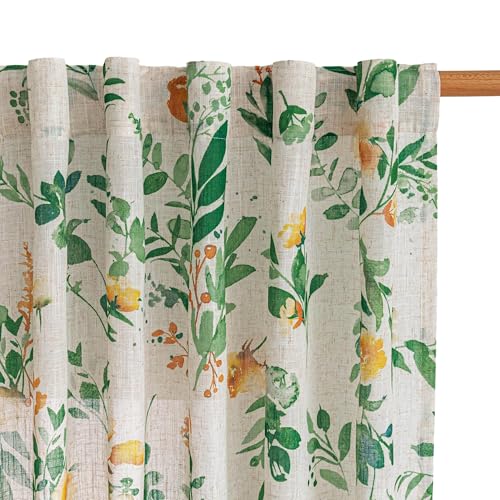 Image of MYSKY HOME Linen Floral Curtains 84 Inches Long 2 Pcs Sage Green Semi Sheer | Light Filtering Privacy Protect Curtains for Bedroom Farmhouse Style Decorative Drapes Back Tab for Home, 50 inch Wide Each Panel