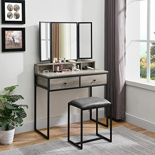 MODERION Vanity Table with Upholstered Stool Set, Dressing Table Desk with 2 Drawer,