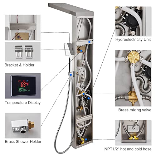 Rovogo Led Rainfall Waterfall Shower Panel With 3 Body Jets, Handheld And Tub Spout, No Battery Needed Led Shower Tower With Temperature Display, Stainless Steel Brushed #TOP5