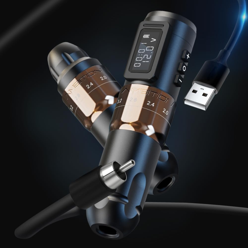 Ambition Mars-U Kompletny Zestaw Tatuażu Bezprzewodowa Maszynka Pen z Regulowanym Skokiem, 2×1800mAh Baterie, 20 Igieł Kartridżowych Glory dla Artystów i Początkujących