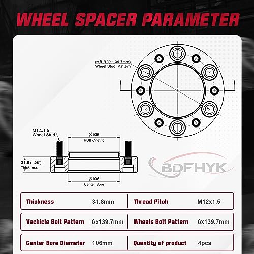 Image of BDFHYK 6X5.5 Wheel Spacers 1.25 inch 6x139.7mm Hub Centric Wheel Spacer Set with M12x1.5 Studs 106mm Center Bore Compatible with Lexus GX470 GX460 4Runner FJ Cruiser Sequoia Tacoma Tundra, Set of 4