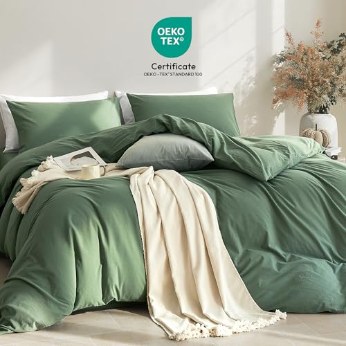 Image of JELLYMONI Duvet Cover Queen Size - Washed Cotton Comforter Cover with Linen-Like Texture,Breathable & Soft Bedding for Modern Home,Guest Room and Everyday Use,Dusty Green 1 Duvet Cover & 2 Pillowcases