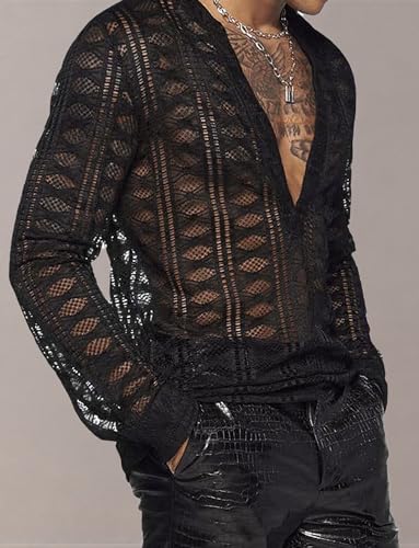 Panegy Men's Sheer Top Disco Rave Festival Outfits Rock Bands Nightclub Party Tee Shirts Blouse 70s Streetwear3