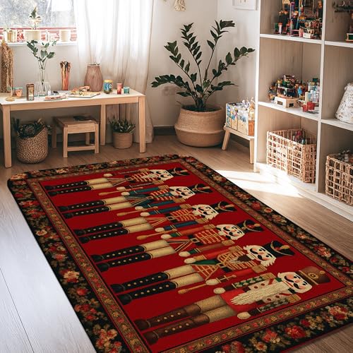 Nutcracker Area Rug Christmas Festive Drummer Soldier Christmas Red Low Pile Foam Aesthetic Rectangle Home Floor Carpet Rugs for Living Room Bedroom Under Bed Apartment Decor 4 X 6