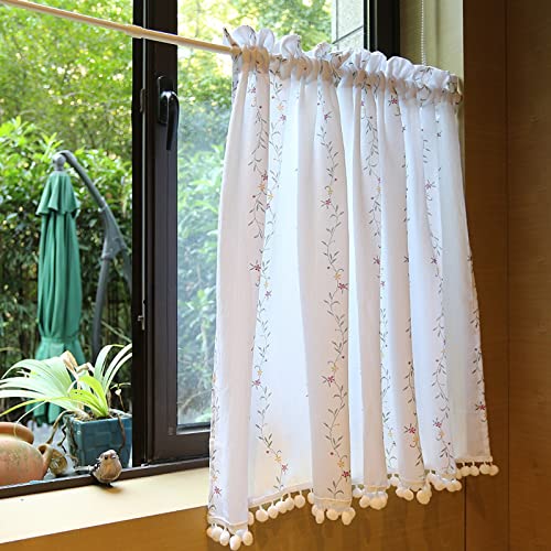 A.Monamour Rideau de Cuisine Court pour Petit Fenêtre - Broderie Fleurs Botaniques en Coton Blanc avec Pompons - Brise-bise à Étages et Disques - Cantonnière Demi-Rideau pour Bistro Café