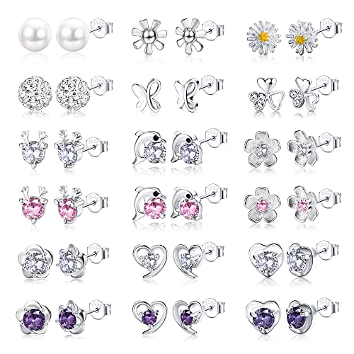LOLIAS 15-18 Pares Pendientes Plata Ley 925 para Mujeres Niñas Conjunto Pendientes Tachuelas Bonitas Circonita Cúbica Corazón Flor Delfín Ciervo Perlas Tachuelas Regalos Cumpleaños Amistad Pequeños
