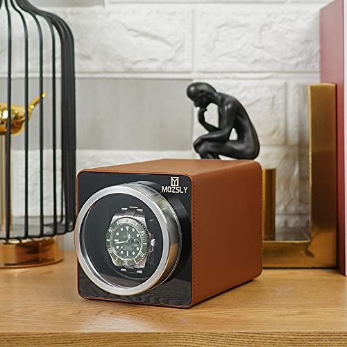Image of MOZSLY Watch Winder for Automatic Watches Single Rotating Watch Box with Quiet Motor 12 Rotation Mode Setting Battery Powered or AC Adapter PU Leather