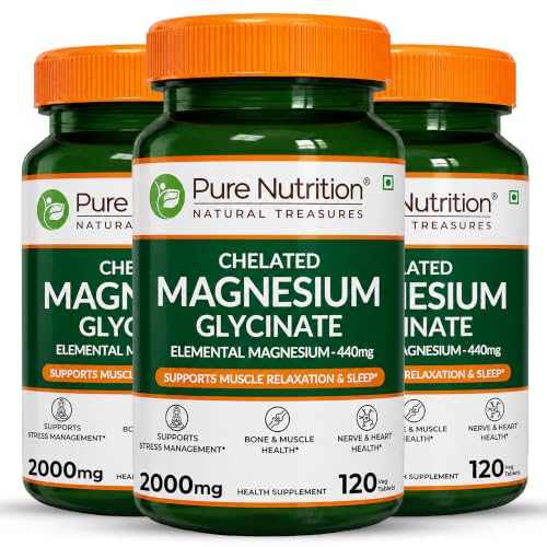 Image of Pure Nutrition Chelated Magnesium Glycinate Supplement 2000mg - 120 Tablets (120x3) | High Absorption Magnesium Supplements (Elemental 440mg) for Sleep, Cramps, Nerve Health, Relaxation, Bone & Joint Health