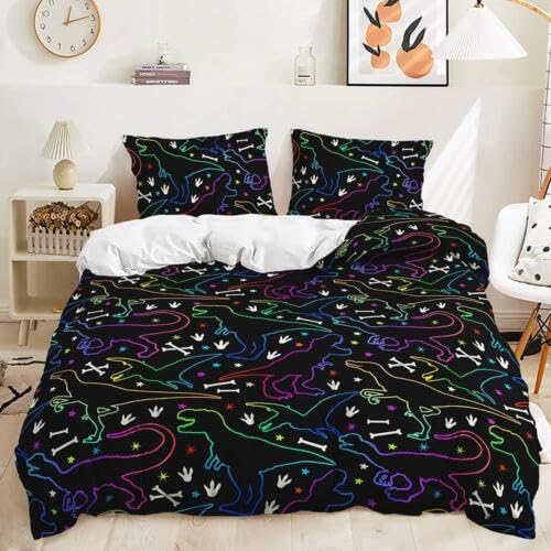 Parure de Lit 220x240 Dinosaures Noirs en Microfibres Douces 110g/㎡ Finition Haut de Gamme pour Adulte