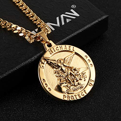Hzman St Michael The Archangel Catholic Medal Stainless Steel Amulet Pendant Necklace 22+2" Rolo Curb Chain (Gold-1) #TOP3