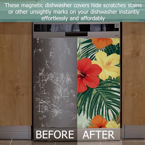 Image of Tropical Flowers Dishwasher Covers for The Front Magnetic,Summer Palm Leaves Refrigerator Magnets Decoration,Reusable Dishwasher Cover Panel for Home Kitchen Decor 23x26 Inch