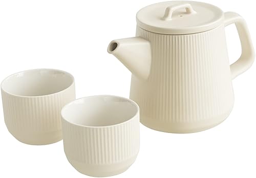Kissui - Juego de tetera con infusor extraíble, juego de té de cerámica con rayas verticales, gran capacidad, crema mate