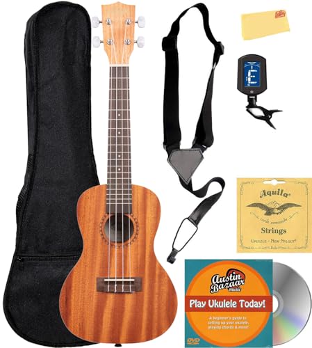 Kala KA-15C Satin Mahogany Concert Ukulele Bundle with Gig Bag, Tuner, Strap, Strings, Austin Bazaar Instructional DVD, and Polishing Cloth