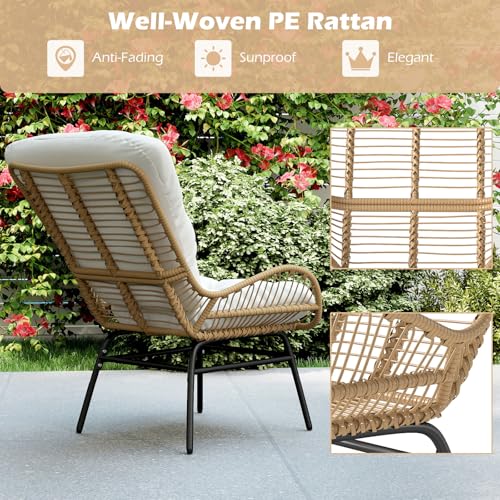 COSTWAY PE Rattan Garden Chair, Outdoor Armchair Wicker Lounge Chairs with Soft Cushion, Heavy Duty Metal Frame Patio Dining Chair for Backyard, Porch, Balcony & Living Room (Off White) - Image 5